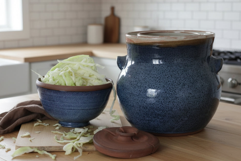 Blue ceramic crock with a lid on a wooden surface