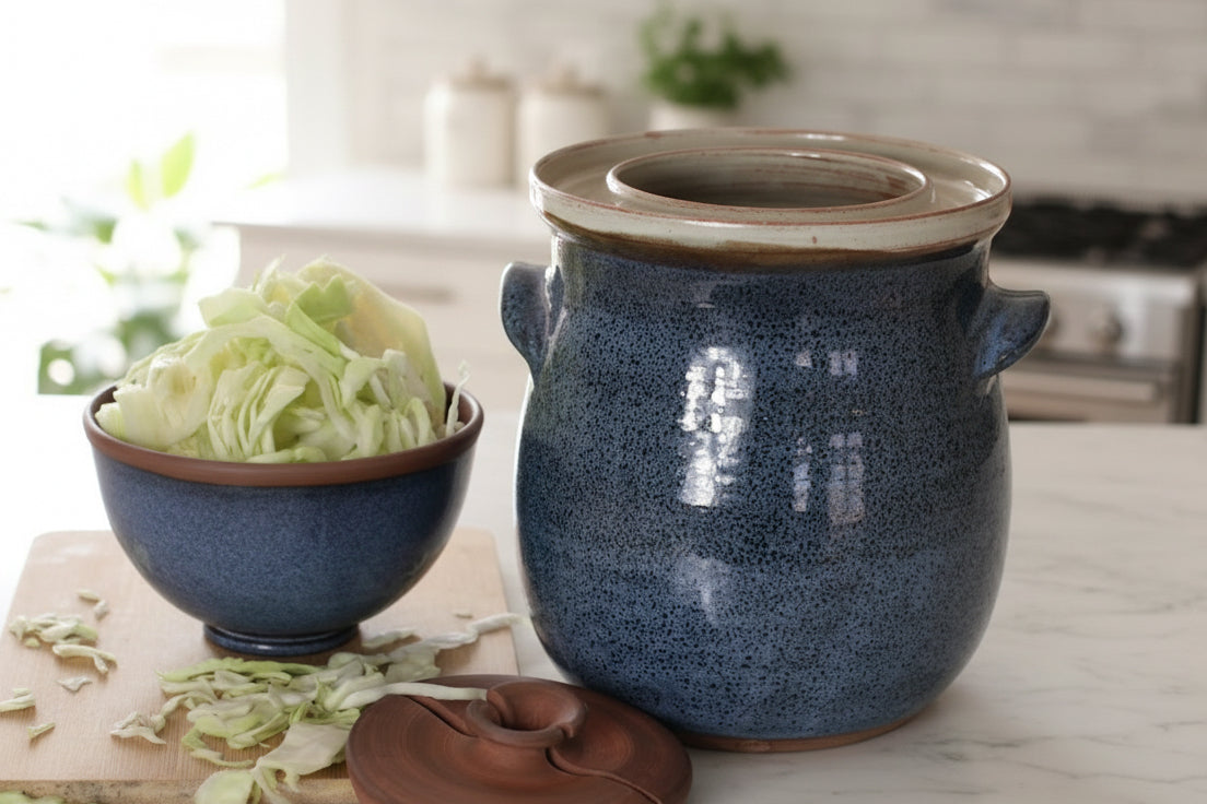 Blue ceramic crock with shredded cabbage on a wooden surface