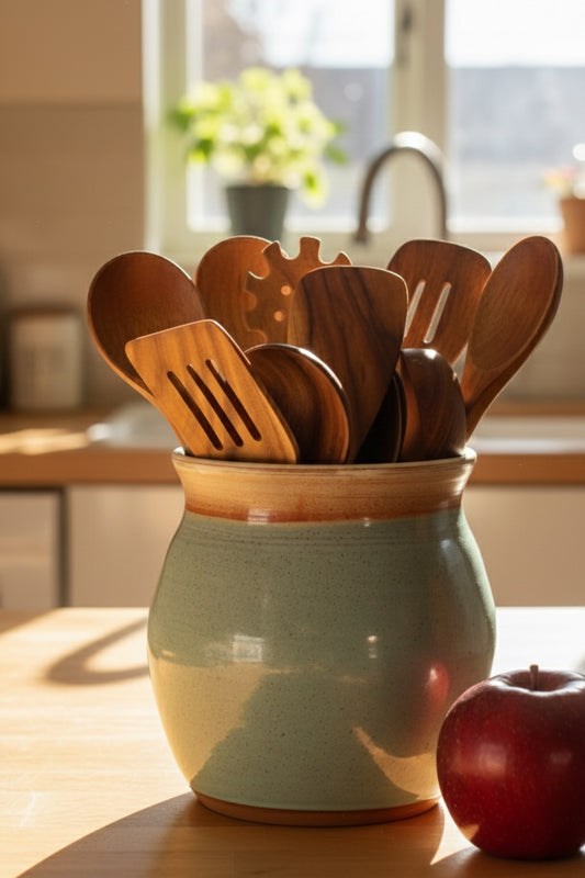 Ceramic jar with wooden utensils on a kitchen counter