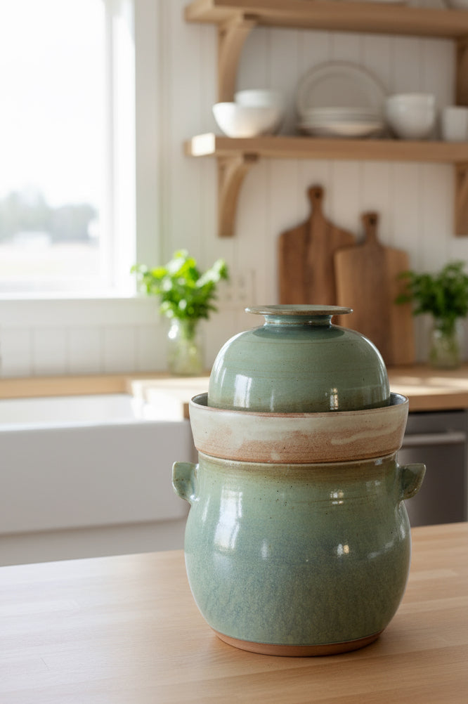 Green ceramic jar with a lid on a wooden surface